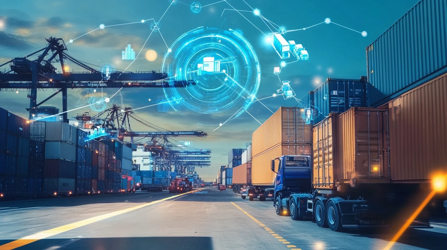 AI-powered logistics at a shipping port with connected supply chain technology