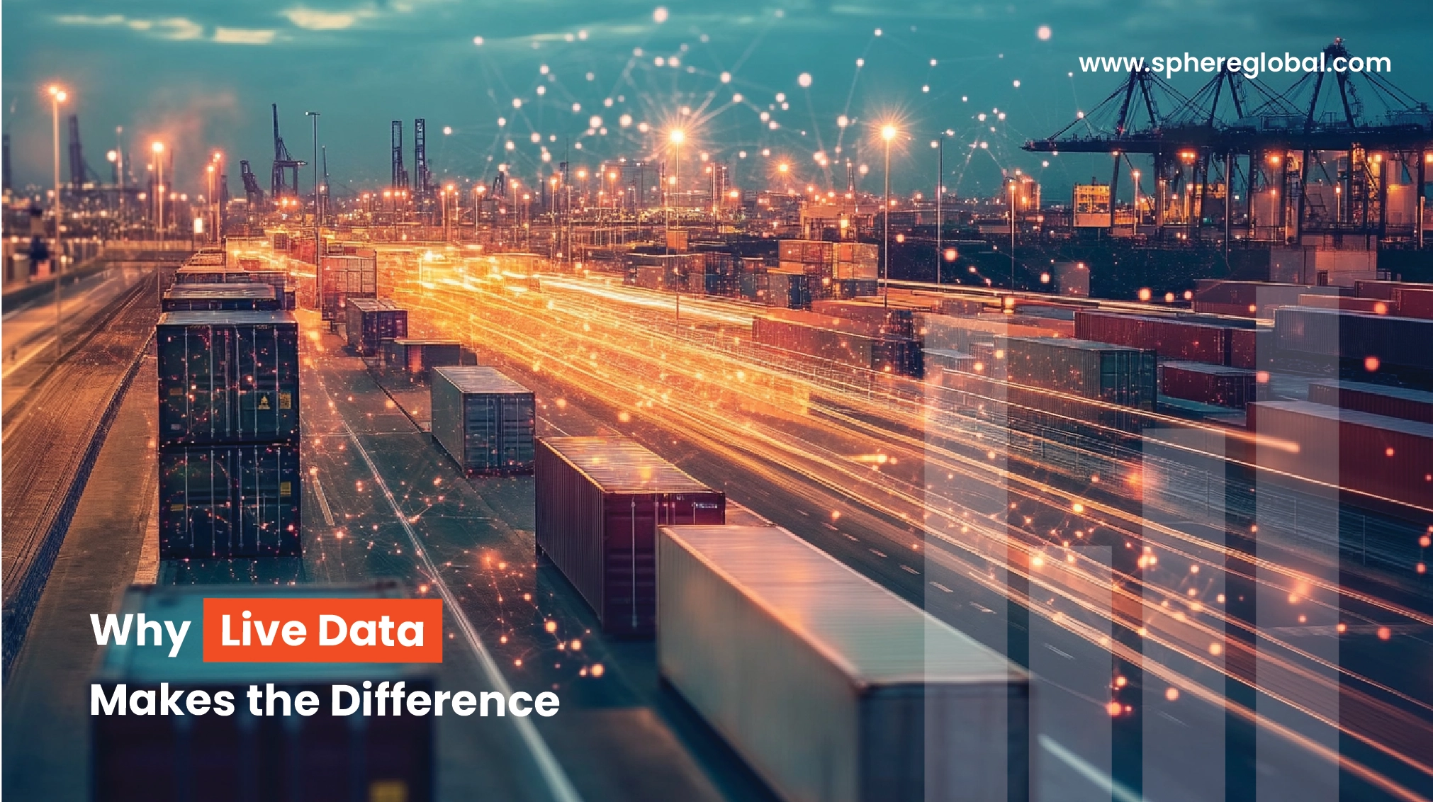 Shipping port at night with container stacks and live logistics data visualization