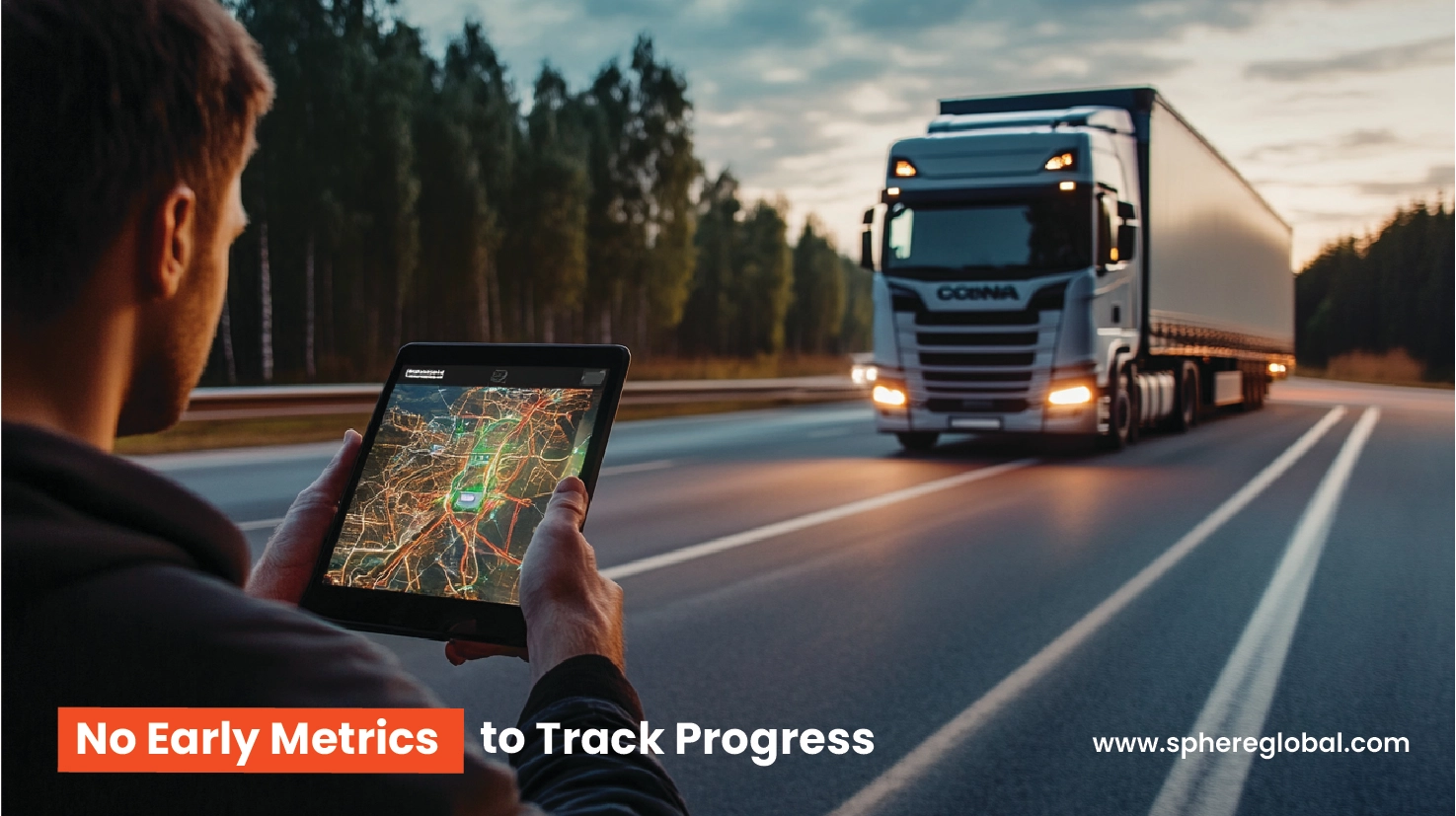 Logistics manager reviewing route metrics on a tablet with fleet traffic in the background