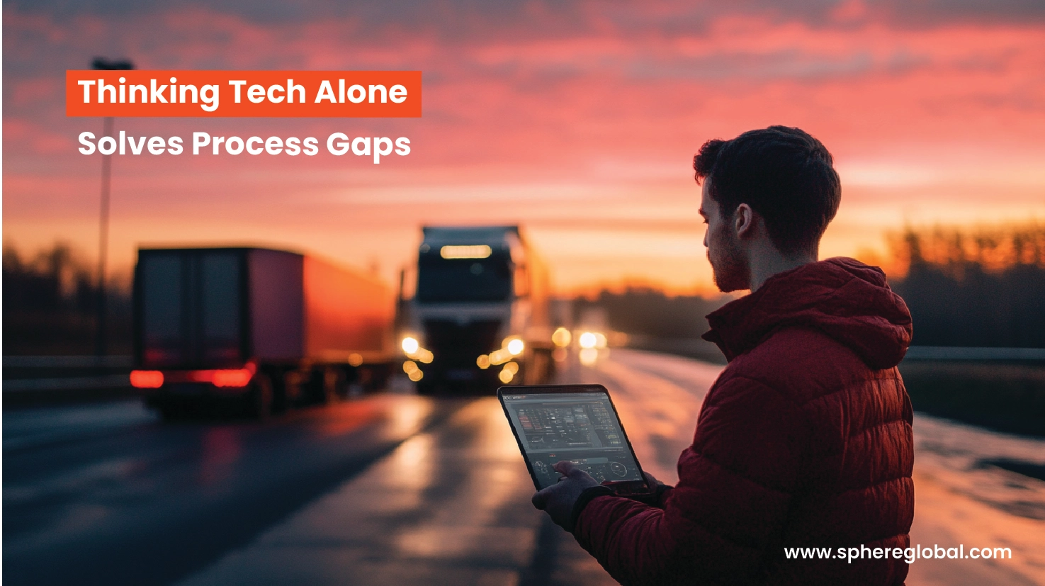 Fleet operator reviewing logistics data on a tablet beside commercial trucks at sunset