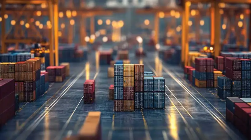 Shipping container terminal at dusk with cranes and stacked containers